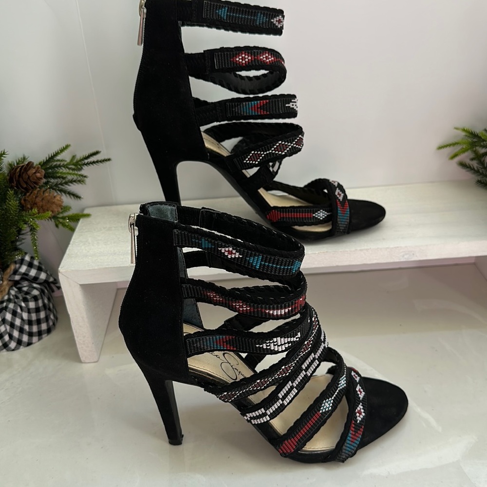 Jessica Simpson Black Strappy Beaded High Heel Sandals